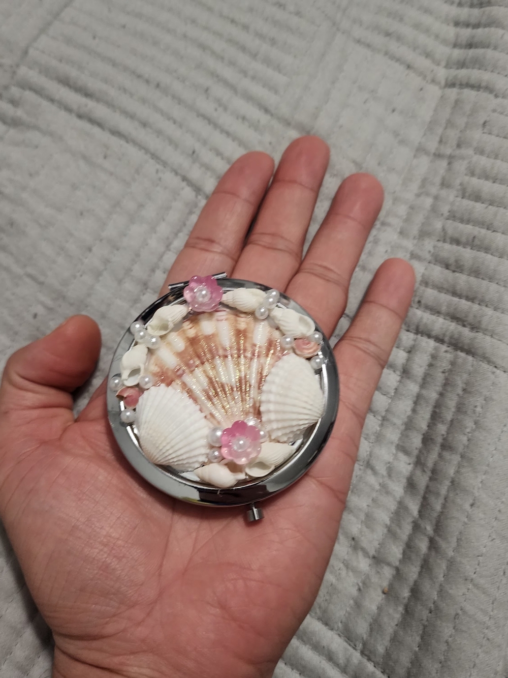 Handmade Seashell Compact Mirror - Pink and White